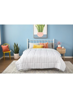 Aesco Linenspa (California King, Grey/white Stripe) - Reversible Striped Down Alternative Quilted Comforter With Corner Duvet Tabs - Cal King Size