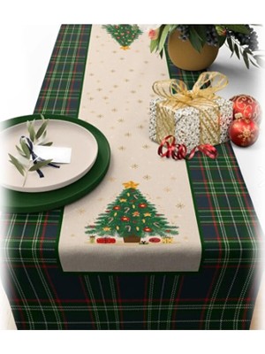 Aesco Yılbaşı Temalı Dijital Baskılı Runner Örtüsü Christmas Yeşil 40X140 cm