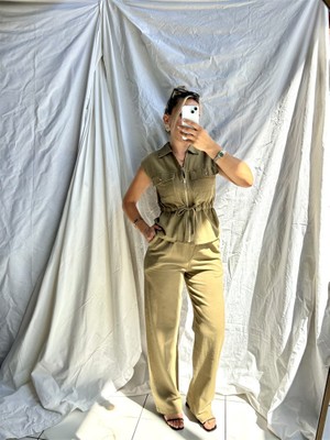 Gözde Tasarım Butik Kadın Haki Rengi Safari Tarzı Flam Keten Yelek ve Pantolon Alt Üst Takım