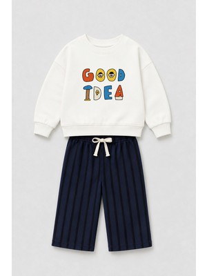 Monila Erkek Çocuk Ekru Slogan Baskılı Sweatshirt ve Lacivert Çizgili Eşofman Alt Üst Takım