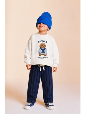 Monila Erkek Çocuk Ekru Ayıcık Baskılı Sweatshirt ve Lacivert Çizgili Eşofman Alt Üst Takım