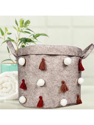 Aesco Beylini Keçe Kulplu Yuvarlak Düzenleyici Sepet Çok Amaçlı Saklama Organizer Düzenleyici 27X27X27 cm