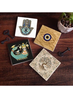Aesco Pinecone Stone Nazar, Şahmeran, Hayat Ağacı, Fatma Ana Eli (Hamsa) Taş Bardak Altlığı Seti - 4 Parça - Dekoratif, Rustik Mutfak Aksesuarı, 10X10 Cm, Kaydırmaz Tabanlı, Şık ve Dayanıklı SC505