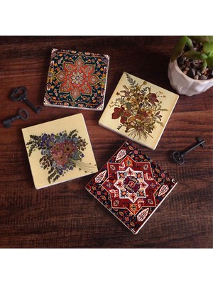 Aesco Pinecone Stone Vintage Çiçek, Desen Taş Bardak Altlığı Seti - 4 Parça - Dekoratif, Rustik Mutfak Aksesuarı, 10X10 Cm, Kaydırmaz Tabanlı, Şık ve Dayanıklı SC501