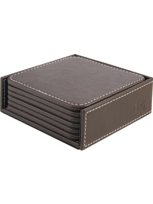 Aesco Bardak Altlığı,6’lı Set,masaüstü Kare Cup Coaster,vegan Suni DERI,11X11 Cm.,kahverengi
