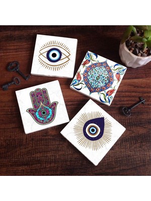 Aesco Pinecone Stone Nazar, Fatma Ana Eli (Hamsa), Çini Sanatı Taş Bardak Altlığı Seti - 4 Parça - Dekoratif, Rustik Mutfak Aksesuarı, 10X10 Cm, Kaydırmaz Tabanlı, Şık ve Dayanıklı SC412