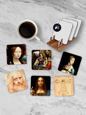 Aesco Postermanya (PSTER21250) Da Vinci Temalı Standlı Ahşap Bardak Altlığı Seti, 6 Adet Baskılı Bardak Fincan Kahve Altlığı