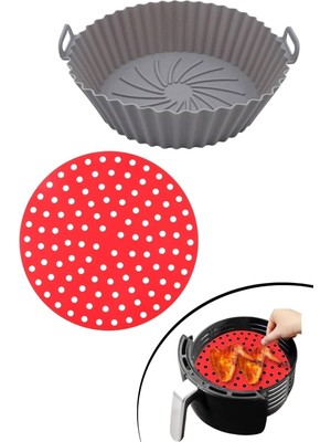 Aesco Buffer Kırmızı Silikon Fırın ve Airfryer Yuvarlak Model Pişirme Matı 20 cm ve Silikon Airfyer Matı