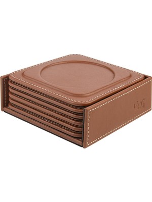 Aesco Bardak Altlığı,6’lı Set,masaüstü Yuvarlak Cup Coaster,vegan Suni DERI,11X11 Cm.,taba