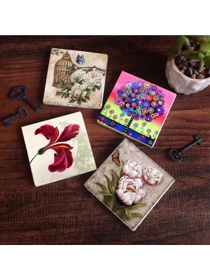 Aesco Pinecone Stone Ebru Sanatı Lale, Kelebekli Çiçek, Karla Gerard Hayat Ağacı Taş Bardak Altlığı Seti - 4 Parça - Dekoratif, Rustik Mutfak Aksesuarı, 10X10 Cm, Kaydırmaz Tabanlı, Şık ve Dayanıklı SC180
