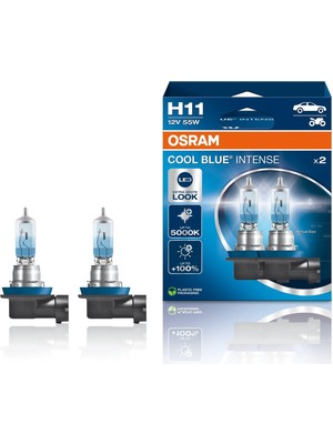Aesco Osram Cool Blue Yoğun H11, +%100 Daha Fazla Parlaklık, 5.000K'YA Kadar, Halojen Far Lambası, LED Görünümlü, Ikili Kutu (2 Lamba), 64211CBN-HCB