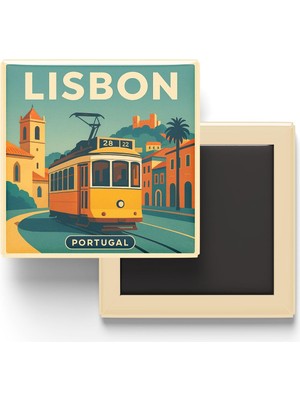 Aesco Lizbon Portekiz - 28 Numaralı Tramvay - Baskılı Buzdolap Magneti Kare 9x9 cm