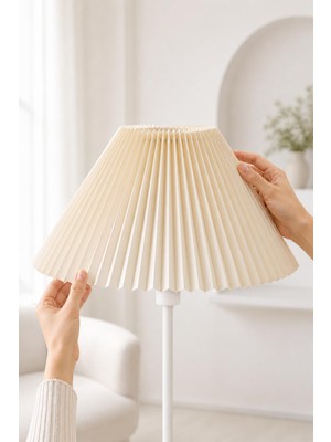 Aesco Lambader Şapkası Çap 36 cm Pileli Kırma Kumaş Krem Abajur Başlık Metal Iskelet LAM06