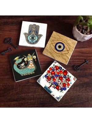 Aesco Pinecone Stone Nazar, Şahmeran, Nar Ağacı, Fatma Ana Eli (Hamsa) Taş Bardak Altlığı Seti - 4 Parça - Dekoratif, Rustik Mutfak Aksesuarı, 10X10 Cm, Kaydırmaz Tabanlı, Şık ve Dayanıklı SC506