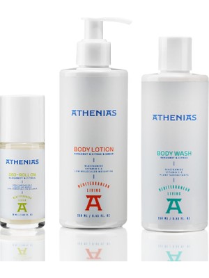 Aesco Athenıas Banyo Seti, Vücut Yıkama Jeli, Vücut Losyonu ve Deo Roll-On, 3'lü Set, Bergamot ve Narenciye