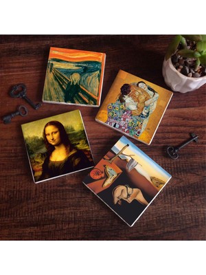 Aesco Pinecone Stone Dalí Belleğin Azmi, Çığlık, Gustav Klimt Aile Kucaklama, Da Vinci Mona Lisa Taş Bardak Altlığı Seti - 4 Parça - Dekoratif, Rustik Mutfak Aksesuarı, 10X10 Cm, Kaydırmaz Tabanlı SC561