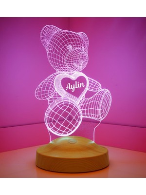 Aesco Sevgiliye Hediye Ayı LED Lamba Isimli, Kalpli 3D Ayıcık Teddy Hediyesi, Kişiye Özel Romantik Aşk Hediyesi
