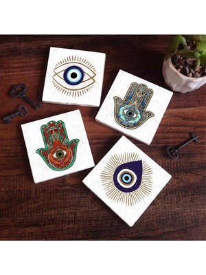 Aesco Pinecone Stone Nazar, Fatma Ana Eli (Hamsa) Taş Bardak Altlığı Seti - 4 Parça - Dekoratif, Rustik Mutfak Aksesuarı, 10X10 Cm, Kaydırmaz Tabanlı, Şık ve Dayanıklı SC403