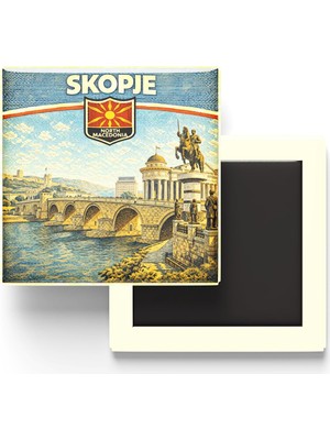 Aesco Retro Kuzey Makedonya Üsküp Şehri Temalı Vintage Buzdolap Magneti – 9x9 cm
