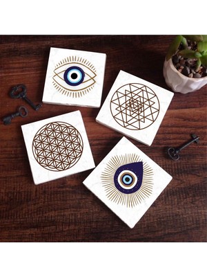 Aesco Pinecone Stone Nazar, Yaşam Çiçeği, Sri Yantra Taş Bardak Altlığı Seti - 4 Parça - Dekoratif, Rustik Mutfak Aksesuarı, 10X10 Cm, Kaydırmaz Tabanlı, Şık ve Dayanıklı SC413