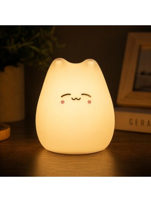 Aesco Coverzone Little Cat Şarjlı Silikon Gece Lambası USB Type-C, Dokunmatik Rgb LED Çocuk Gece Lambası, 7 Renk Değiştiren Kedi Masa Lambası, Bebek Odası, Yatak Odası, Dekoratif Ambiyans Işığı | L76