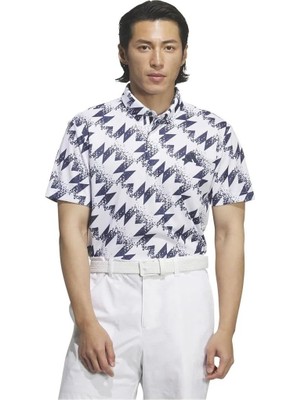 Aesco Adidas Erkek Polo Yaka T-Shirt, Aop Desen, Beyaz, M Beden