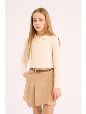 Aesco Defacto Polo Yaka Ribana Uzun Kollu Basic Tişört Kız Çocuk B7407A825SP