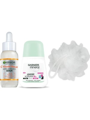 Aesco Garnier C Vitamini Parlak Süper Aydınlatıcı Serum 30 ml & Mineral Lekesiz Koruma Roll-On Deodorant & Duş Lifi Hediyesi