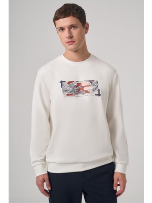 Aesco Morven Erkek Ekru Trend Baskılı Bisiklet Yaka Sweatshirt