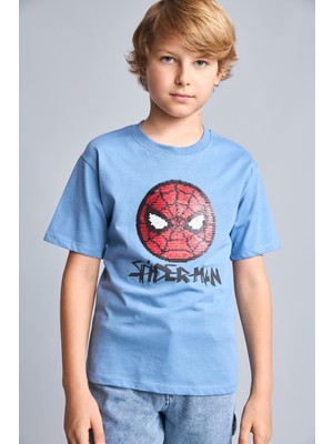Aesco DEFACTO%100 Pamuk Marvel Lisanslı Payetli Spıderman New Regular Fit Bisiklet Yaka Kısa Kollu Mavi Tişört Erkek Çocuk H8258A826HS