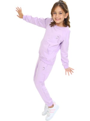 Aesco Toontoy Kız Çocuk Reglan Kol Kanguru Cepli Nakışlı Eşofman Takım, Lila, 5 Yaş