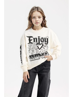 Aesco Defacto Oversize Geniş Kalıp Bisiklet Yaka Baskılı Sweatshirt Kız Çocuk D6629A824AU