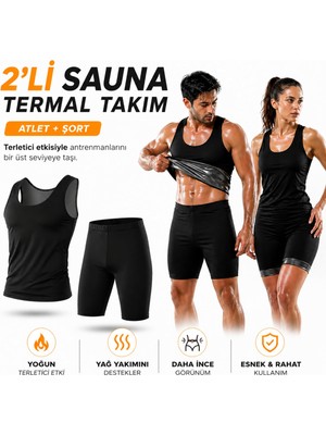 Aesco Unisex Termal Sauna Seti, 2 Parça Atlet ve Şort Takımı, Terleme Destekleyici Spor Kıyafeti Göbek Bel Basen Bacak Toparlayıcı - Elilom Terma