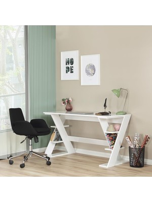 Lungo Raflı Çalışma Masası, Ofis Masası, 60X140 Cm, Parlak Beyaz