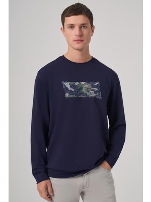 Aesco Morven Erkek Lacivert Trend Baskılı Bisiklet Yaka Sweatshirt