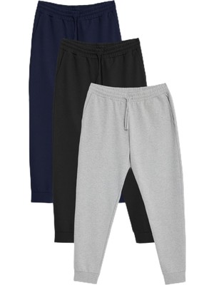 Aesco Ac&co/altınyıldız Classics Erkek Siyah-Lacivert-Gri 3'lü Paket 2 Iplik Pamuklu Jogger Cepli Rahat Standart Fit Eşofman Altı, Siyah-Lacivert-Gri, L