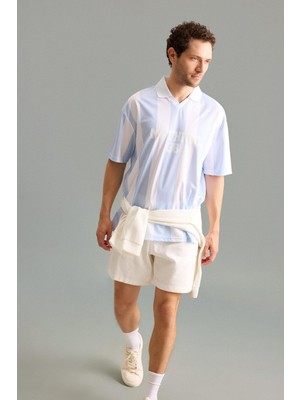 Aesco Defacto Boxy Fit Polo Yaka Baskılı Mesh Forma Kumaş Kısa Kollu Açık Mavi Tişört I0564AX26HS