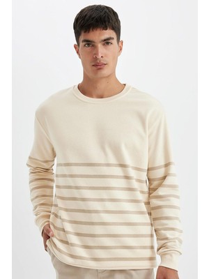 Aesco Defacto Comfort Regular Fit Rahat Kalıp Bisiklet Yaka Çizgili Kalın Sweatshirt D2397AX24AU