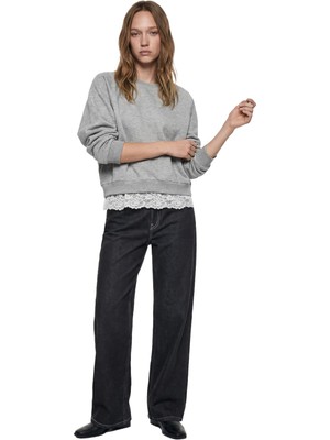 Aesco Dantel Detaylı Bisiklet Yaka Uzun Kollu Oversize Sweatshirt