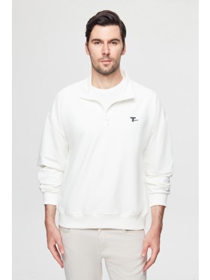 Aesco Twn Oversize Ekru Düz Yarım Fermuarlı Pamuklu Mevsimlik Sweatshirt, Xl