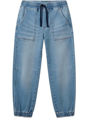 Aesco United Colors Of Benetton Erkek Çocuk Açık Mavi Logo Detaylı Büzgü Ipli Denim Jogger Pantolon, 7-8-Yas, 225P44LGCF04J, Açık Denim, Erkek Çocuk