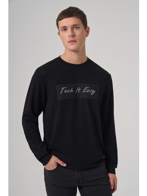 Aesco Morven Erkek Siyah Trend Baskılı Bisiklet Yaka Sweat-Shirt