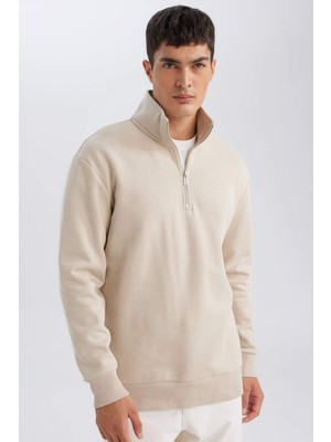 Aesco Defacto Gri 3 Iplik Pamuklu Şardonlu Içi Polarlı Comfort Regular Fit Rahat Kalıp Dik Yaka Fermuarlı Kalın Sweatshirt D9067AXNS