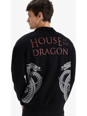 Aesco Defacto House Of The Dragon Boxy Fit Dik Yaka Fermuarlı Sırt Baskılı Sweatshirt E9338AX25AU