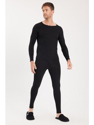 Aesco Tudors Erkek Slim Fit Termal Alt Üst Takım, Bisiklet Yaka, Siyah