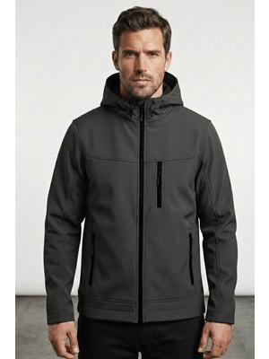 Aesco Erkek Mont Içi Polarlı Softshell Mont Su ve Rüzgar Geçirmez Kapüşonlu Spor Mont Füme 2xl