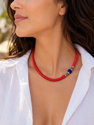 Sinem Şanlı Atelier Luna Mat Kırmızı Cam Boncuk Süryani Taşlı İkili Kolye Seti Choker Kısa Kolye Kutulu 40 cm