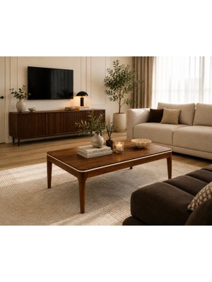 Fami Home Alis Orta Sehpa Ceviz Ahşap Ayaklı Krem Detaylı Modern Salon Sehpası