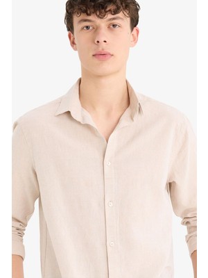 Aesco Defacto Regular Fit Polo Yaka Keten Yazlık Uzun Kollu Gömlek E1729AX25SP