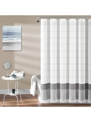 Die Grup Lush Decor Beyaz Dokuma Pamuk Duş Perdesi Gri Çizgili ve Püsküllü Saçaklı, Banyo Aksesuarları (182,88 cm x 182,88 Cm)